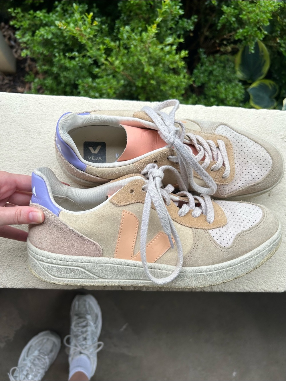Veja V-10 Suede Sneakers in Beige with Peach and Lavender Accents